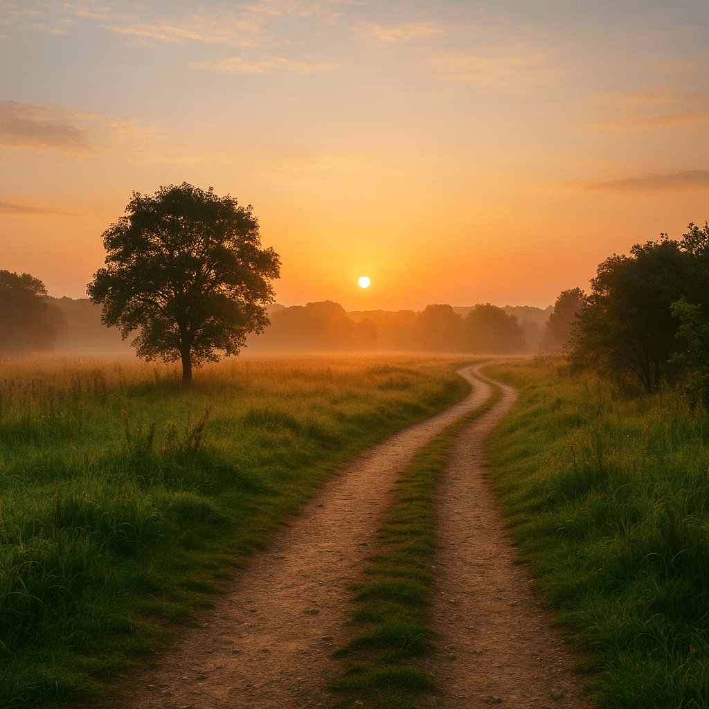 A sunrise over a peaceful country path, symbolizing hope, renewal, and walking a daily journey of faith with God.