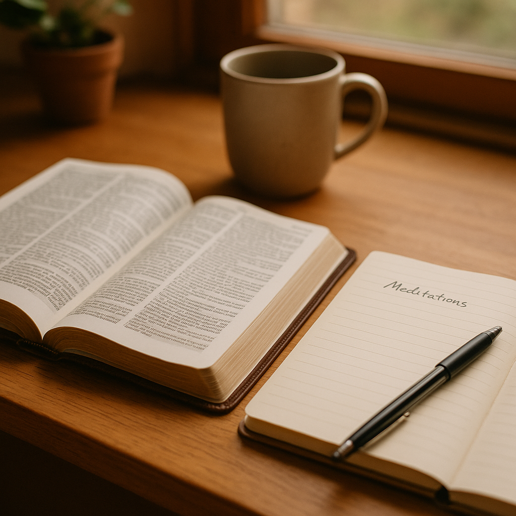An open Bible and journal on a wooden desk beside a window, representing daily reflection, prayer, and personal faith in God’s promises.